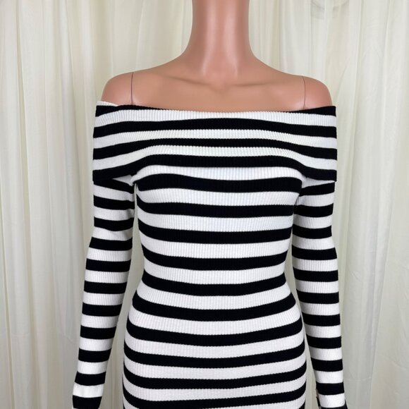 Milly Black & White Stripe Off The Shoulder Bodycon Side Split Midi Dress Size P - Picture 10 of 14